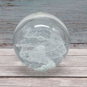 Vintage Round Clear Art Glass Paperweight Flat Bottom Bubbled Swirl